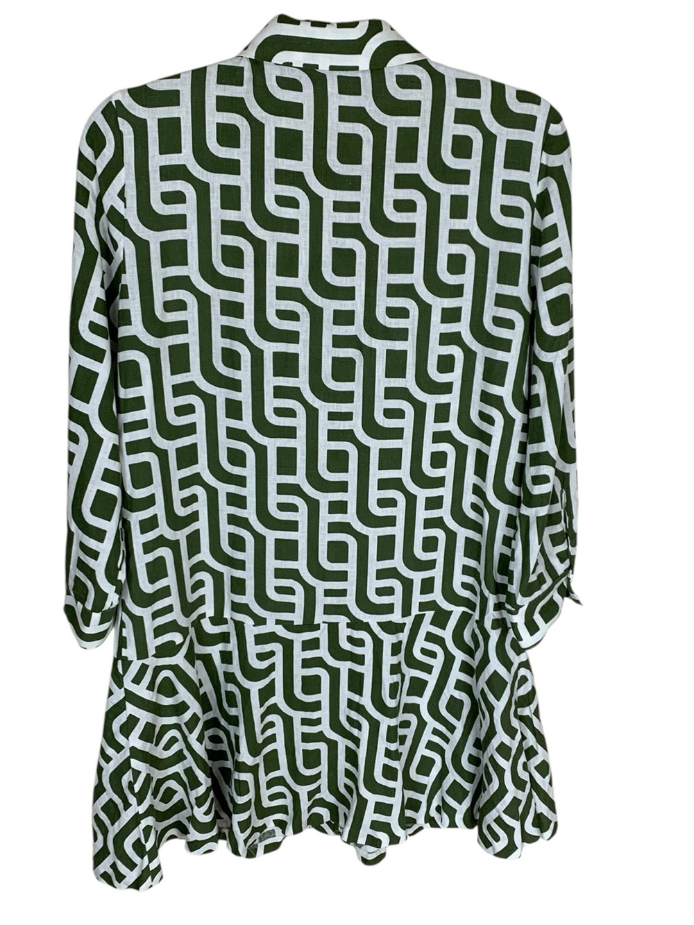 Women's Zara Green White Geometric Print Linen Blend 3/4 Sleeve Mini Dress Small - Picture 3 of 7